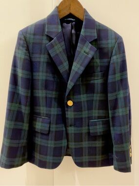 Brooks Brothers Boys Classic Navy Blue/Green Blazer with Gold Buttons, Size 8.